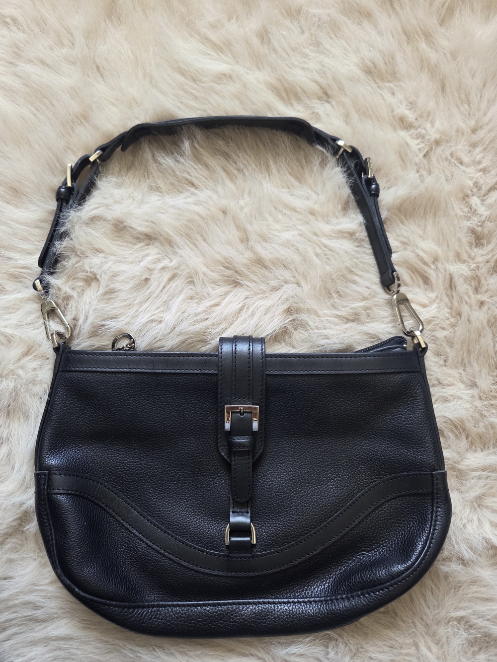 Longchamp Black Leather Shoulder Bag with Buckle Accent